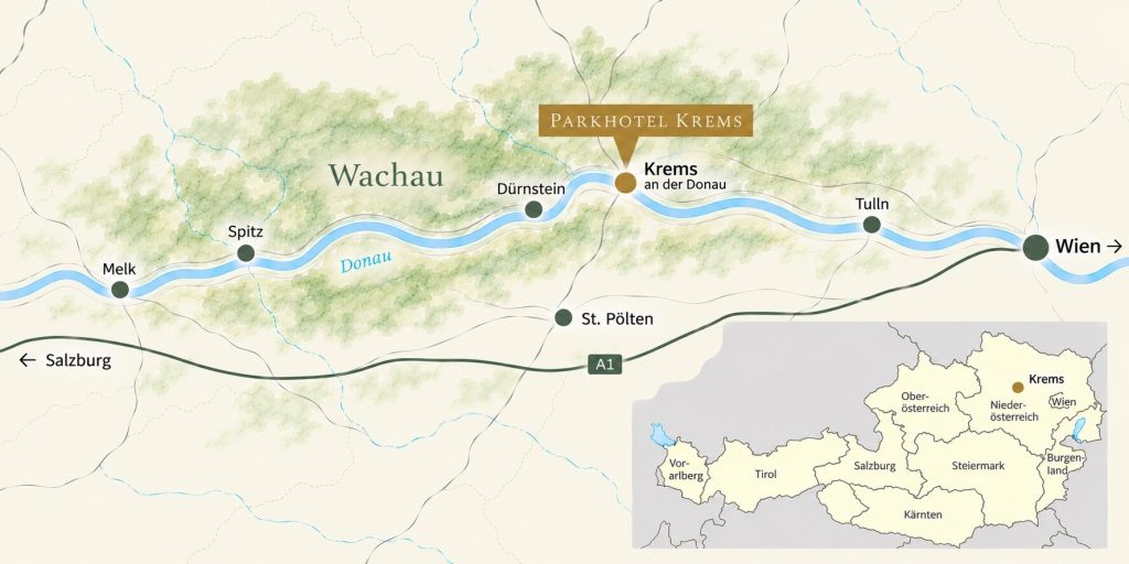 Karte der Wachau mit dem PARKHOTEL Krems an der Donau zwischen Melk und Wien